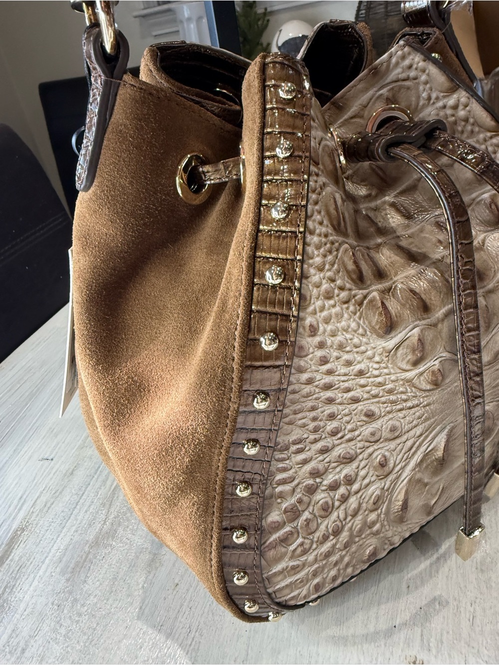 Brahmin Melinda Taupe Ensemble Brown Suede & Cream Drawstring Bucket Crossbody - Picture 4 of 14